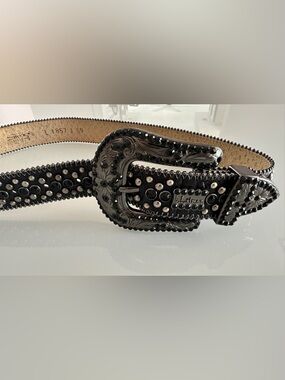 B.B Simon Western Black Italian Leather Silver Studded Swarovski Crystal Belt 36
